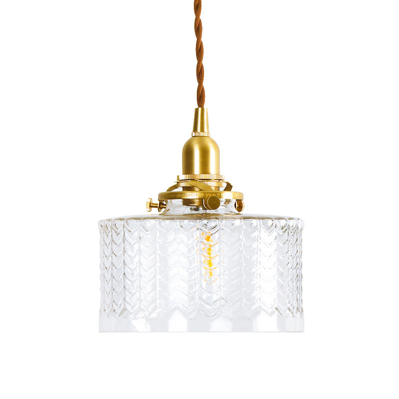 Drum Clear Textured Glass Pendant Colonialist 6"/8" W 1 Head Living Room Hanging Ceiling Light in Gold Clearhalo 'Ceiling Lights' 'Glass shade' 'Glass' 'Pendant Lights' 'Pendants' Lighting' 1455786