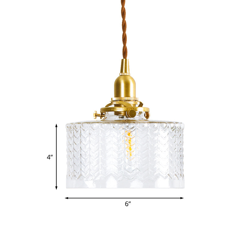 Drum Clear Textured Glass Pendant Colonialist 6"/8" W 1 Head Living Room Hanging Ceiling Light in Gold Clearhalo 'Ceiling Lights' 'Glass shade' 'Glass' 'Pendant Lights' 'Pendants' Lighting' 1455787