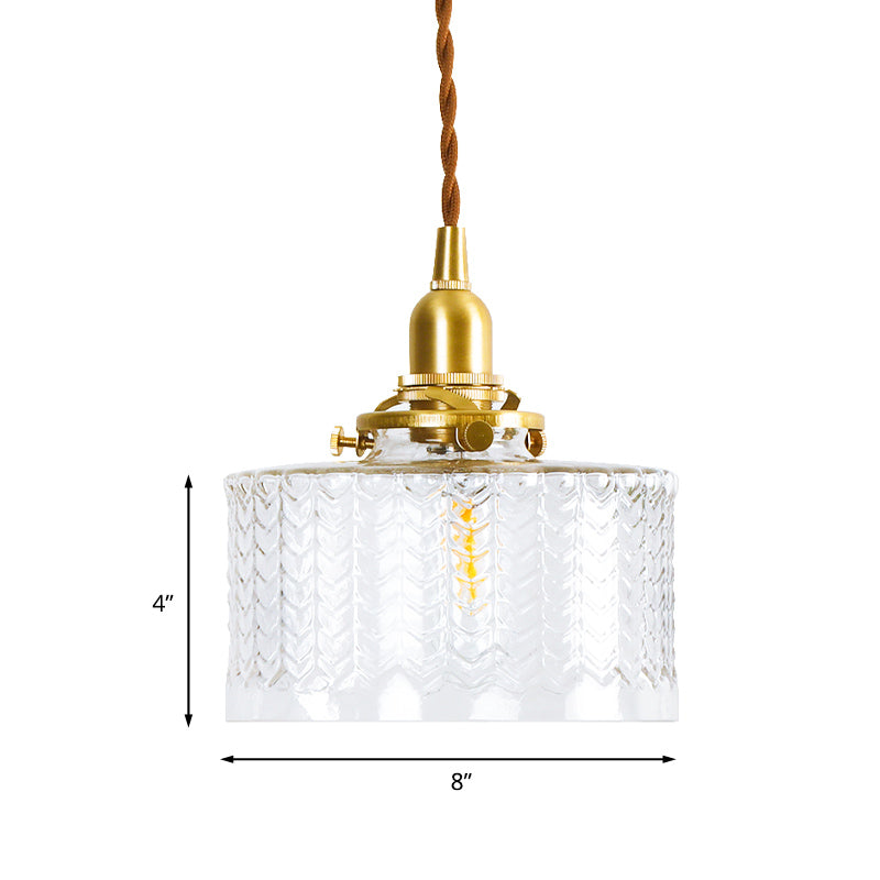 Drum Clear Textured Glass Pendant Colonialist 6"/8" W 1 Head Living Room Hanging Ceiling Light in Gold Clearhalo 'Ceiling Lights' 'Glass shade' 'Glass' 'Pendant Lights' 'Pendants' Lighting' 1455788