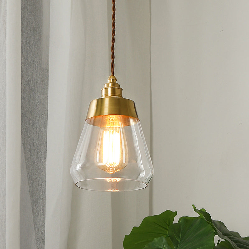1 Bulb Down Lighting Pendant Colonial Restaurant Drop Lamp with Cone Clear Glass Shade in Gold Clearhalo 'Ceiling Lights' 'Glass shade' 'Glass' 'Pendant Lights' 'Pendants' Lighting' 1455790