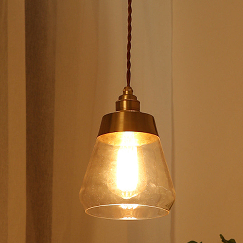 1 Bulb Down Lighting Pendant Colonial Restaurant Drop Lamp with Cone Clear Glass Shade in Gold Clearhalo 'Ceiling Lights' 'Glass shade' 'Glass' 'Pendant Lights' 'Pendants' Lighting' 1455791