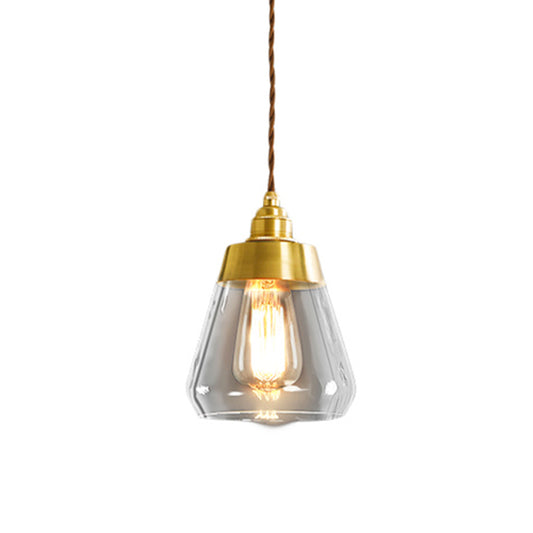 1 Bulb Down Lighting Pendant Colonial Restaurant Drop Lamp with Cone Clear Glass Shade in Gold Clearhalo 'Ceiling Lights' 'Glass shade' 'Glass' 'Pendant Lights' 'Pendants' Lighting' 1455792