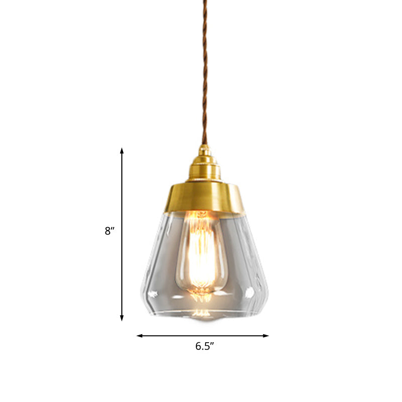 1 Bulb Down Lighting Pendant Colonial Restaurant Drop Lamp with Cone Clear Glass Shade in Gold Clearhalo 'Ceiling Lights' 'Glass shade' 'Glass' 'Pendant Lights' 'Pendants' Lighting' 1455793