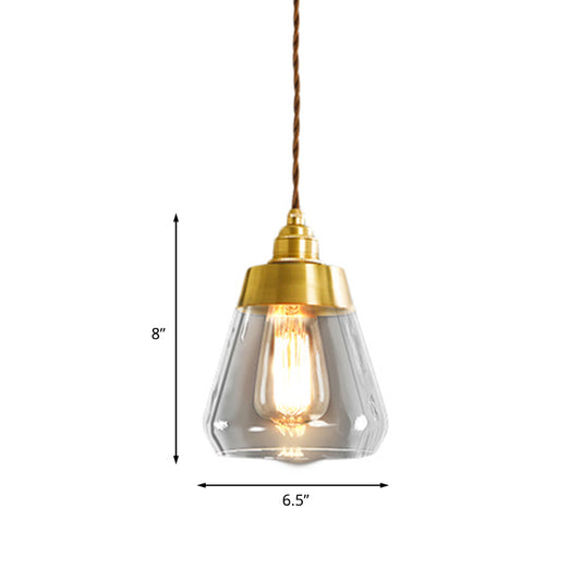 1 Bulb Down Lighting Pendant Colonial Restaurant Drop Lamp with Cone Clear Glass Shade in Gold Clearhalo 'Ceiling Lights' 'Glass shade' 'Glass' 'Pendant Lights' 'Pendants' Lighting' 1455793
