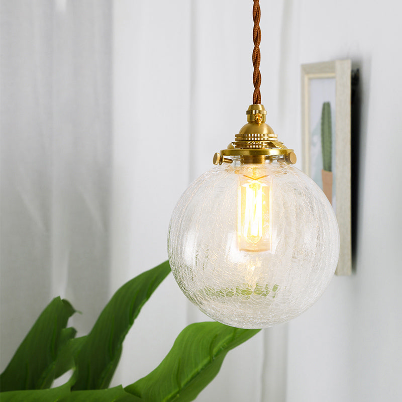 Gold 1-Light Ceiling Lamp Colonial Clear Crackle/Bubble Glass Globe/Oval/Cylinder Suspended Lighting Fixture for Bedroom Gold A Clearhalo 'Ceiling Lights' 'Close To Ceiling Lights' 'Glass shade' 'Glass' 'Pendant Lights' 'Pendants' Lighting' 1455794