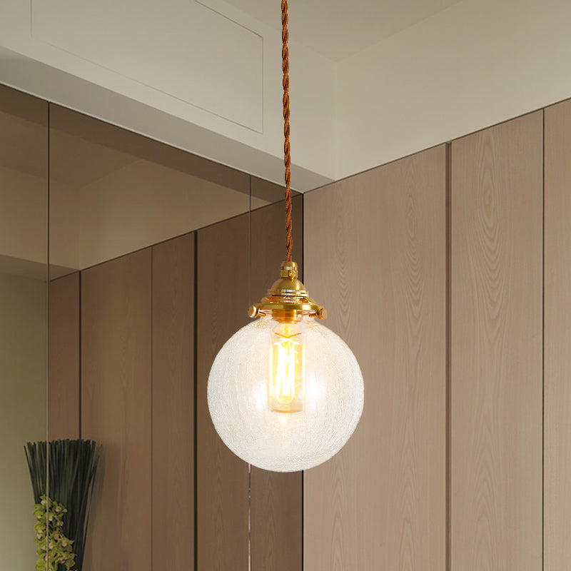 Gold 1-Light Ceiling Lamp Colonial Clear Crackle/Bubble Glass Globe/Oval/Cylinder Suspended Lighting Fixture for Bedroom Clearhalo 'Ceiling Lights' 'Close To Ceiling Lights' 'Glass shade' 'Glass' 'Pendant Lights' 'Pendants' Lighting' 1455795