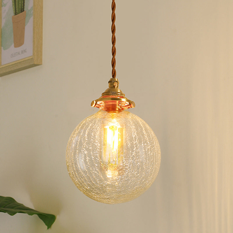 Gold 1-Light Ceiling Lamp Colonial Clear Crackle/Bubble Glass Globe/Oval/Cylinder Suspended Lighting Fixture for Bedroom Clearhalo 'Ceiling Lights' 'Close To Ceiling Lights' 'Glass shade' 'Glass' 'Pendant Lights' 'Pendants' Lighting' 1455796