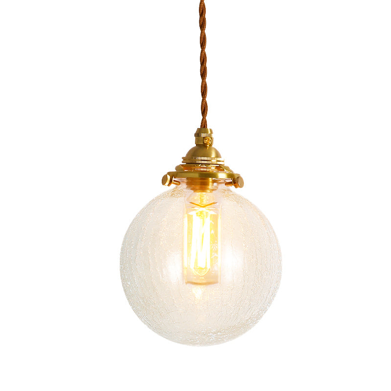 Gold 1-Light Ceiling Lamp Colonial Clear Crackle/Bubble Glass Globe/Oval/Cylinder Suspended Lighting Fixture for Bedroom Clearhalo 'Ceiling Lights' 'Close To Ceiling Lights' 'Glass shade' 'Glass' 'Pendant Lights' 'Pendants' Lighting' 1455797