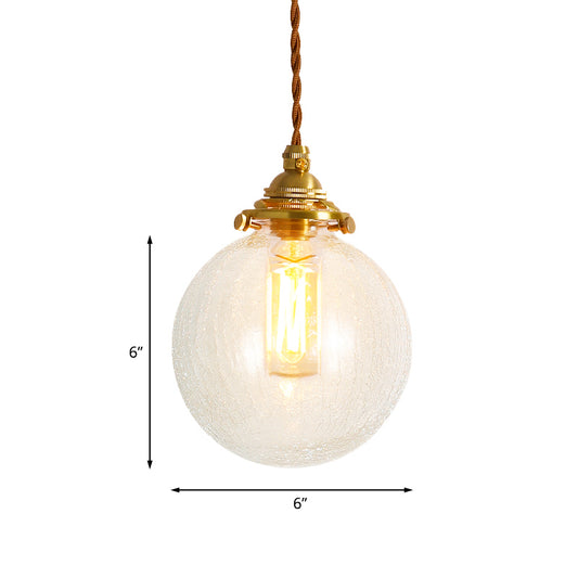 Gold 1-Light Ceiling Lamp Colonial Clear Crackle/Bubble Glass Globe/Oval/Cylinder Suspended Lighting Fixture for Bedroom Clearhalo 'Ceiling Lights' 'Close To Ceiling Lights' 'Glass shade' 'Glass' 'Pendant Lights' 'Pendants' Lighting' 1455798