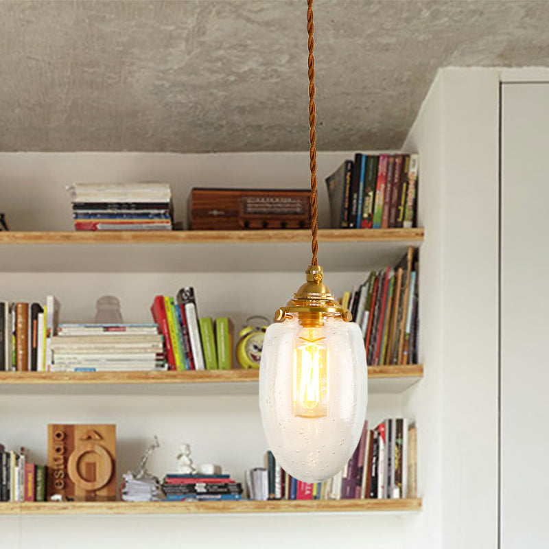 Gold 1-Light Ceiling Lamp Colonial Clear Crackle/Bubble Glass Globe/Oval/Cylinder Suspended Lighting Fixture for Bedroom Clearhalo 'Ceiling Lights' 'Close To Ceiling Lights' 'Glass shade' 'Glass' 'Pendant Lights' 'Pendants' Lighting' 1455800