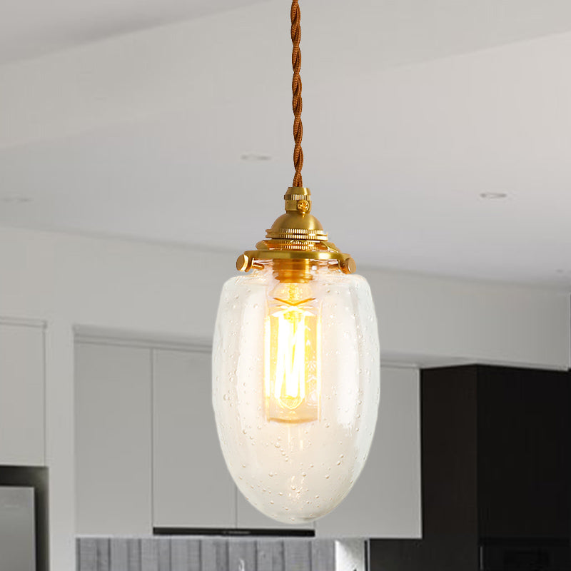 Gold 1-Light Ceiling Lamp Colonial Clear Crackle/Bubble Glass Globe/Oval/Cylinder Suspended Lighting Fixture for Bedroom Clearhalo 'Ceiling Lights' 'Close To Ceiling Lights' 'Glass shade' 'Glass' 'Pendant Lights' 'Pendants' Lighting' 1455801