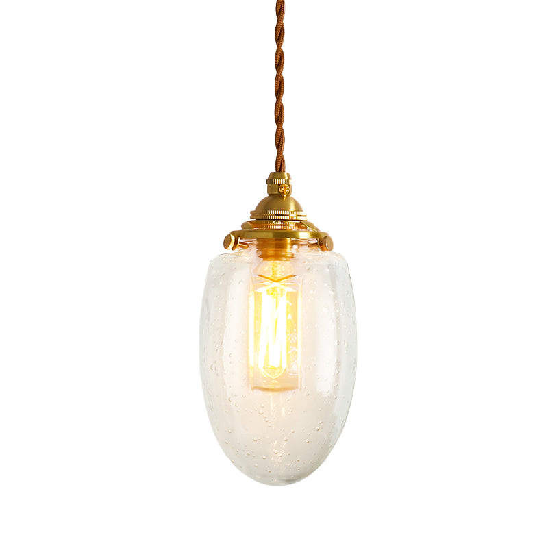 Gold 1-Light Ceiling Lamp Colonial Clear Crackle/Bubble Glass Globe/Oval/Cylinder Suspended Lighting Fixture for Bedroom Clearhalo 'Ceiling Lights' 'Close To Ceiling Lights' 'Glass shade' 'Glass' 'Pendant Lights' 'Pendants' Lighting' 1455802