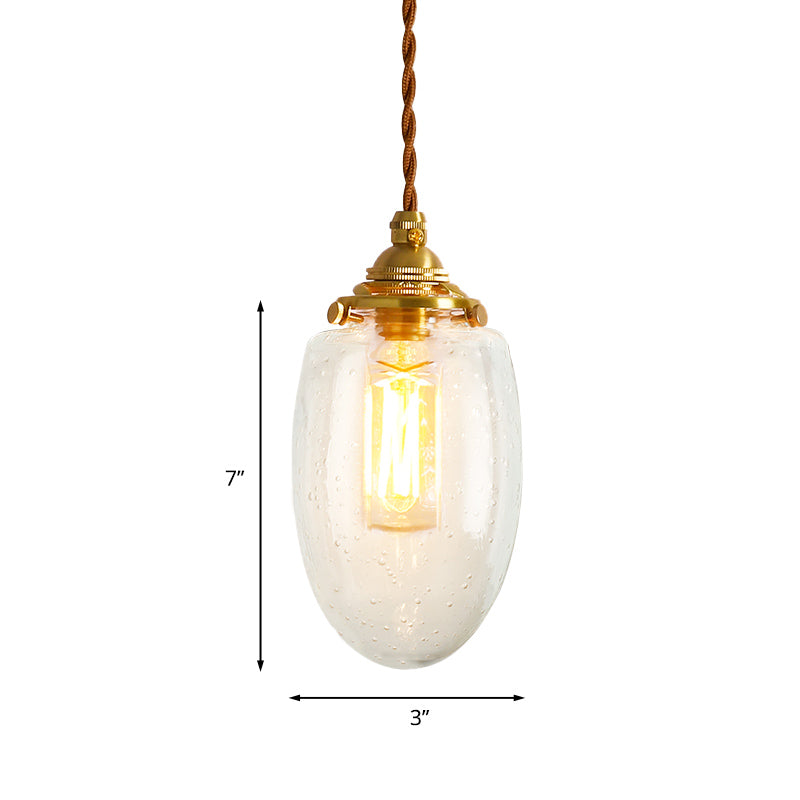 Gold 1-Light Ceiling Lamp Colonial Clear Crackle/Bubble Glass Globe/Oval/Cylinder Suspended Lighting Fixture for Bedroom Clearhalo 'Ceiling Lights' 'Close To Ceiling Lights' 'Glass shade' 'Glass' 'Pendant Lights' 'Pendants' Lighting' 1455803