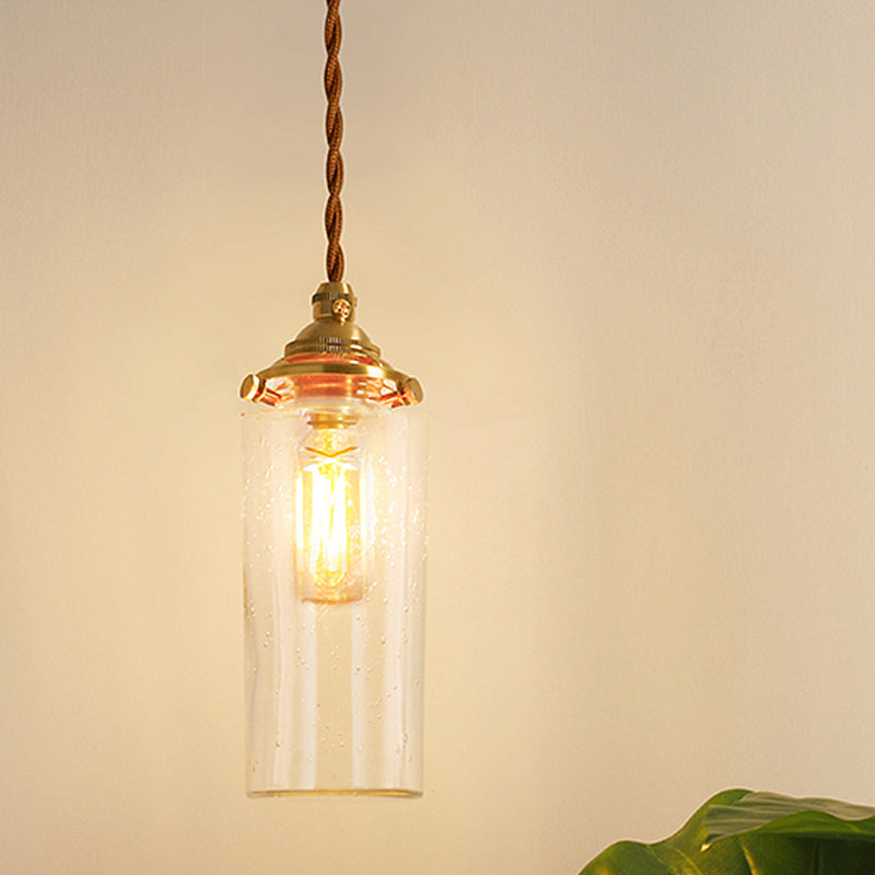 Gold 1-Light Ceiling Lamp Colonial Clear Crackle/Bubble Glass Globe/Oval/Cylinder Suspended Lighting Fixture for Bedroom Gold B Clearhalo 'Ceiling Lights' 'Close To Ceiling Lights' 'Glass shade' 'Glass' 'Pendant Lights' 'Pendants' Lighting' 1455804