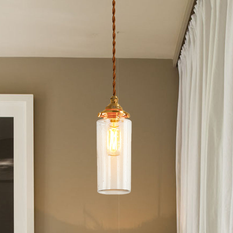 Gold 1-Light Ceiling Lamp Colonial Clear Crackle/Bubble Glass Globe/Oval/Cylinder Suspended Lighting Fixture for Bedroom Clearhalo 'Ceiling Lights' 'Close To Ceiling Lights' 'Glass shade' 'Glass' 'Pendant Lights' 'Pendants' Lighting' 1455805