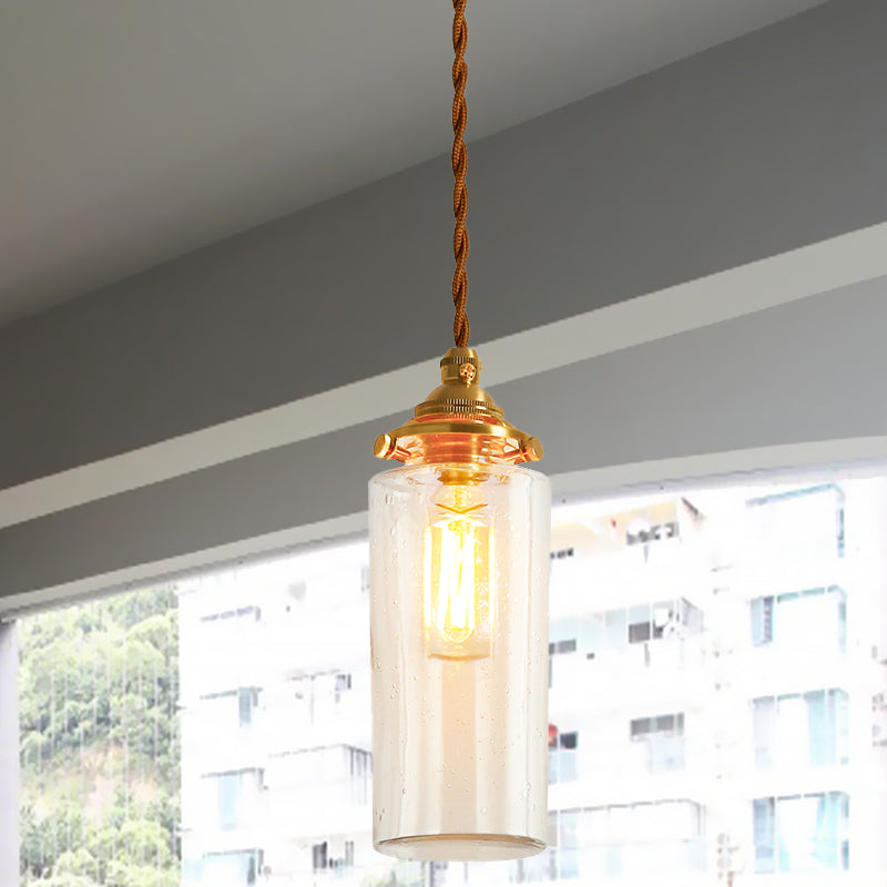 Gold 1-Light Ceiling Lamp Colonial Clear Crackle/Bubble Glass Globe/Oval/Cylinder Suspended Lighting Fixture for Bedroom Clearhalo 'Ceiling Lights' 'Close To Ceiling Lights' 'Glass shade' 'Glass' 'Pendant Lights' 'Pendants' Lighting' 1455806