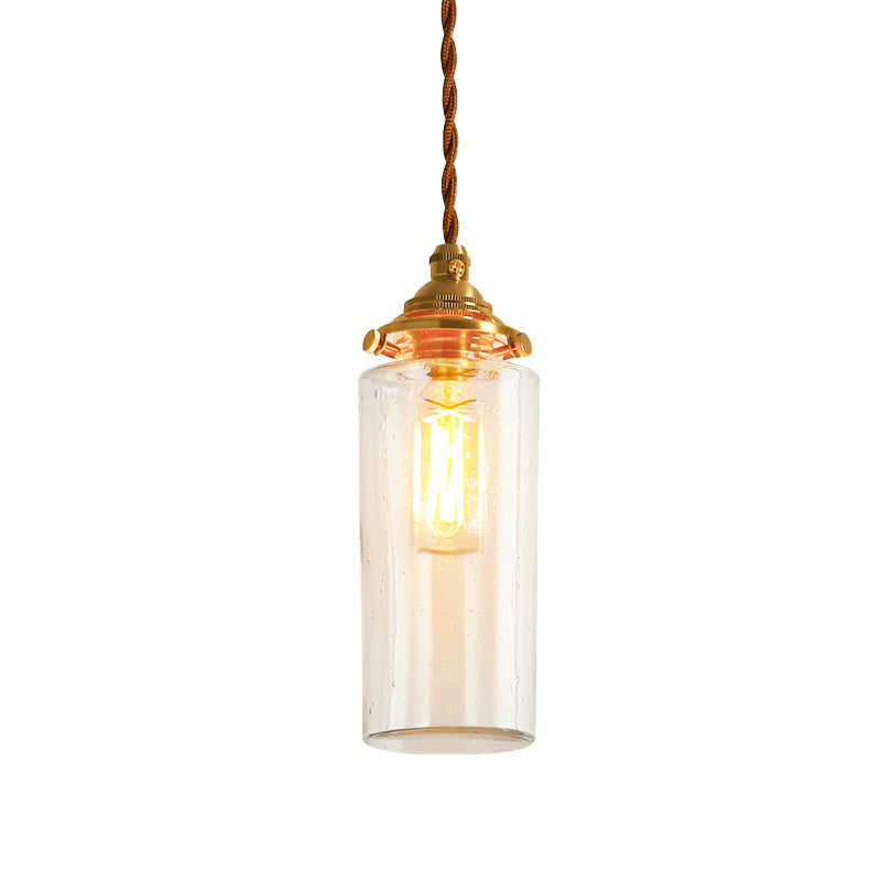 Gold 1-Light Ceiling Lamp Colonial Clear Crackle/Bubble Glass Globe/Oval/Cylinder Suspended Lighting Fixture for Bedroom Clearhalo 'Ceiling Lights' 'Close To Ceiling Lights' 'Glass shade' 'Glass' 'Pendant Lights' 'Pendants' Lighting' 1455807