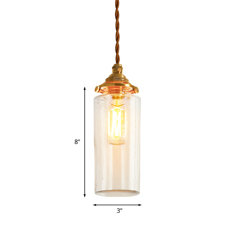 Gold 1-Light Ceiling Lamp Colonial Clear Crackle/Bubble Glass Globe/Oval/Cylinder Suspended Lighting Fixture for Bedroom Clearhalo 'Ceiling Lights' 'Close To Ceiling Lights' 'Glass shade' 'Glass' 'Pendant Lights' 'Pendants' Lighting' 1455808