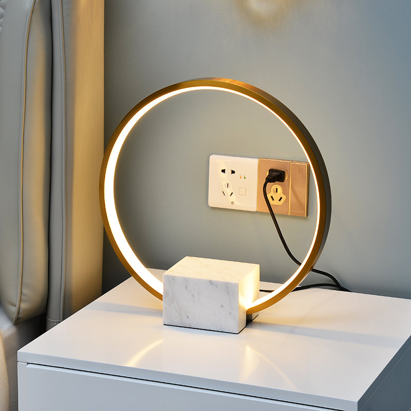 Gold Hoop Nightstand Lamp Minimalist Aluminum LED Table Lighting with Block Marble Pedestal Clearhalo 'Lamps' 'Table Lamps' Lighting' 1455953