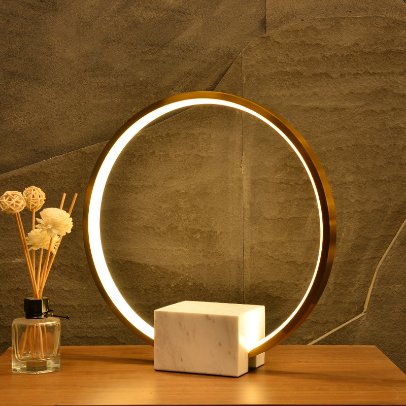 Gold Hoop Nightstand Lamp Minimalist Aluminum LED Table Lighting with Block Marble Pedestal Clearhalo 'Lamps' 'Table Lamps' Lighting' 1455954
