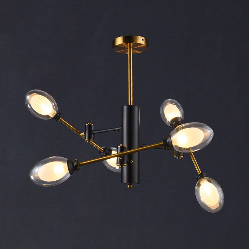 Dual Eggshell Clear Glass Ceiling Light Postmodern 6 Bulbs Black-Brass Semi Flush Chandelier with Rotating Arm Design Clearhalo 'Ceiling Lights' 'Close To Ceiling Lights' 'Close to ceiling' 'Semi-flushmount' Lighting' 1456001
