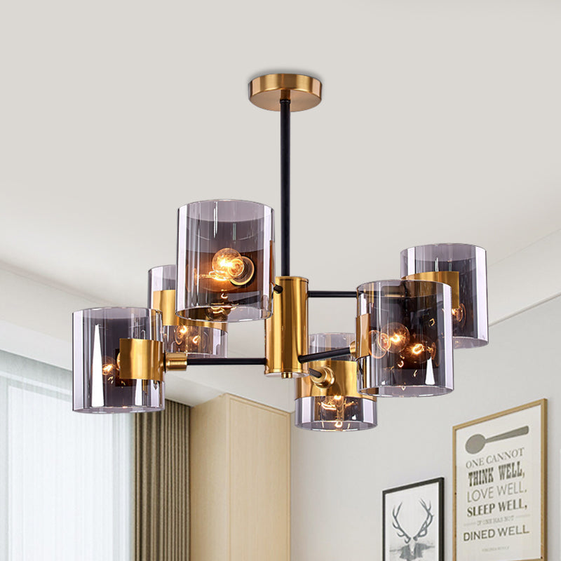 2 Tiers Volume Shade Ceiling Lamp Retro Style Smoke Grey Glass 6-Light Dining Table Semi Flush Mount in Gold Gold Clearhalo 'Ceiling Lights' 'Close To Ceiling Lights' 'Close to ceiling' 'Glass shade' 'Glass' 'Semi-flushmount' Lighting' 1456003