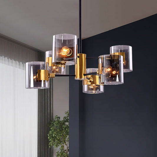 2 Tiers Volume Shade Ceiling Lamp Retro Style Smoke Grey Glass 6-Light Dining Table Semi Flush Mount in Gold Clearhalo 'Ceiling Lights' 'Close To Ceiling Lights' 'Close to ceiling' 'Glass shade' 'Glass' 'Semi-flushmount' Lighting' 1456004