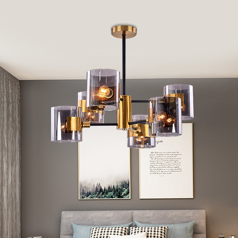 2 Tiers Volume Shade Ceiling Lamp Retro Style Smoke Grey Glass 6-Light Dining Table Semi Flush Mount in Gold Clearhalo 'Ceiling Lights' 'Close To Ceiling Lights' 'Close to ceiling' 'Glass shade' 'Glass' 'Semi-flushmount' Lighting' 1456005