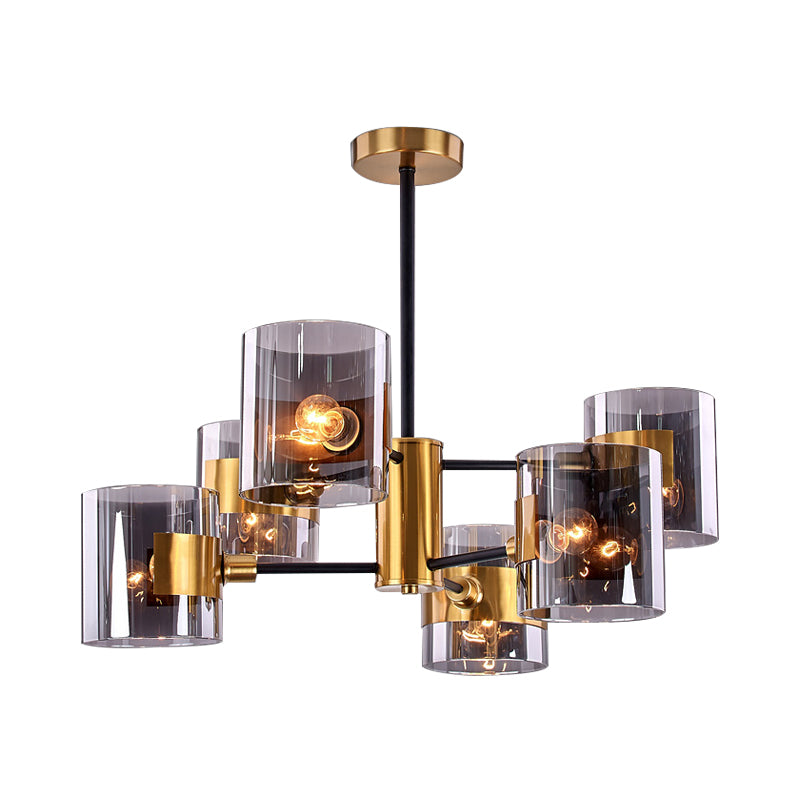2 Tiers Volume Shade Ceiling Lamp Retro Style Smoke Grey Glass 6-Light Dining Table Semi Flush Mount in Gold Clearhalo 'Ceiling Lights' 'Close To Ceiling Lights' 'Close to ceiling' 'Glass shade' 'Glass' 'Semi-flushmount' Lighting' 1456006