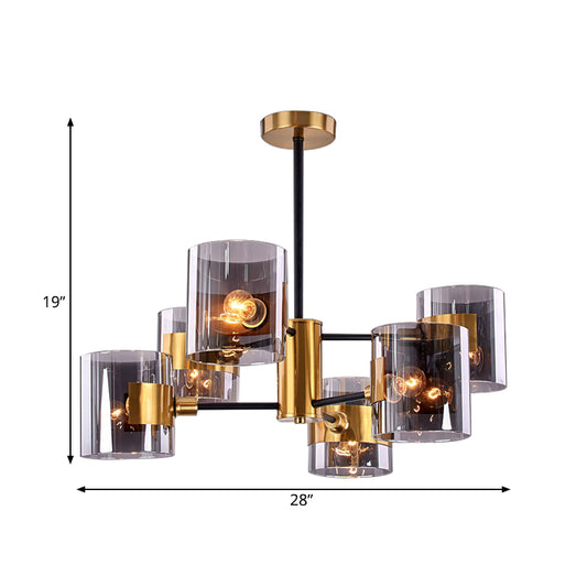 2 Tiers Volume Shade Ceiling Lamp Retro Style Smoke Grey Glass 6-Light Dining Table Semi Flush Mount in Gold Clearhalo 'Ceiling Lights' 'Close To Ceiling Lights' 'Close to ceiling' 'Glass shade' 'Glass' 'Semi-flushmount' Lighting' 1456007