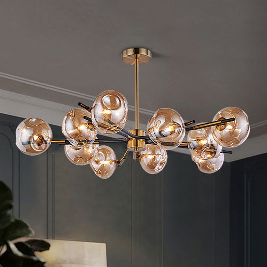 Radial Flush Chandelier Vintage Amber/Smoke Grey Dimpled Glass 10 Lights Living Room Semi Flush Mount Ceiling Light Amber Clearhalo 'Ceiling Lights' 'Close To Ceiling Lights' 'Close to ceiling' 'Glass shade' 'Glass' 'Island Lights' 'Semi-flushmount' Lighting' 1456054