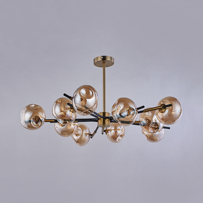 Radial Flush Chandelier Vintage Amber/Smoke Grey Dimpled Glass 10 Lights Living Room Semi Flush Mount Ceiling Light Clearhalo 'Ceiling Lights' 'Close To Ceiling Lights' 'Close to ceiling' 'Glass shade' 'Glass' 'Island Lights' 'Semi-flushmount' Lighting' 1456057