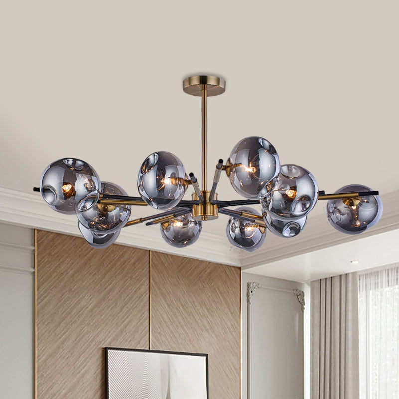 Radial Flush Chandelier Vintage Amber/Smoke Grey Dimpled Glass 10 Lights Living Room Semi Flush Mount Ceiling Light Smoke Gray Clearhalo 'Ceiling Lights' 'Close To Ceiling Lights' 'Close to ceiling' 'Glass shade' 'Glass' 'Island Lights' 'Semi-flushmount' Lighting' 1456059