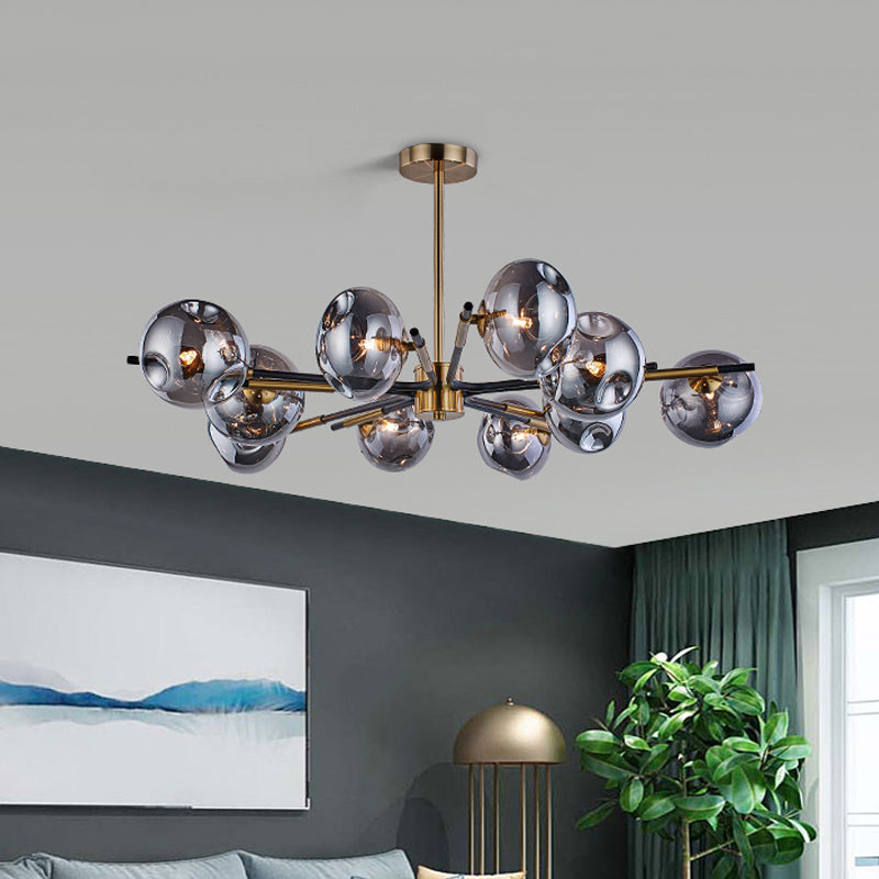 Radial Flush Chandelier Vintage Amber/Smoke Grey Dimpled Glass 10 Lights Living Room Semi Flush Mount Ceiling Light Clearhalo 'Ceiling Lights' 'Close To Ceiling Lights' 'Close to ceiling' 'Glass shade' 'Glass' 'Island Lights' 'Semi-flushmount' Lighting' 1456060