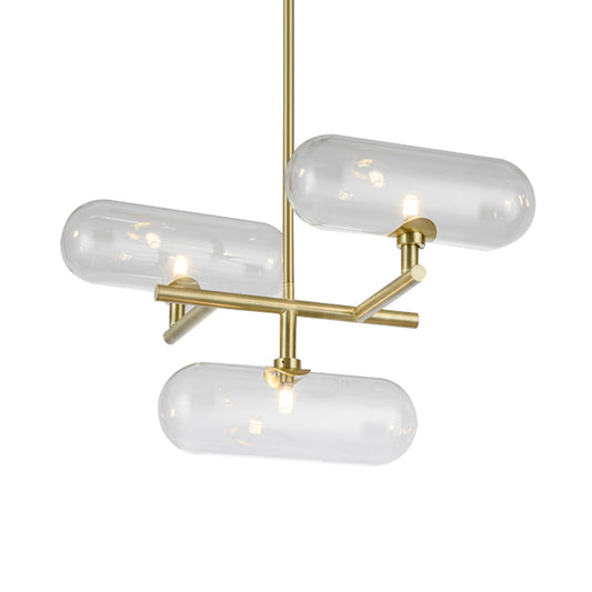 3 Lights Dining Room Ceiling Chandelier Modern Brass Pendant Lighting with Capsule Clear Glass Shade Clearhalo 'Ceiling Lights' 'Chandeliers' 'Clear' 'Industrial' 'Modern Chandeliers' 'Modern' 'Tiffany' 'Traditional Chandeliers' Lighting' 1456109