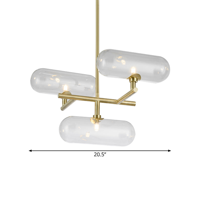 3 Lights Dining Room Ceiling Chandelier Modern Brass Pendant Lighting with Capsule Clear Glass Shade Clearhalo 'Ceiling Lights' 'Chandeliers' 'Clear' 'Industrial' 'Modern Chandeliers' 'Modern' 'Tiffany' 'Traditional Chandeliers' Lighting' 1456111
