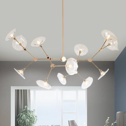 Postmodern Branched Chandelier Cognac Glass 12 Heads Living Room Pendant Light in Gold with Flared Shade Cognac Clearhalo 'Ceiling Lights' 'Chandeliers' 'Modern Chandeliers' 'Modern' Lighting' 1456117