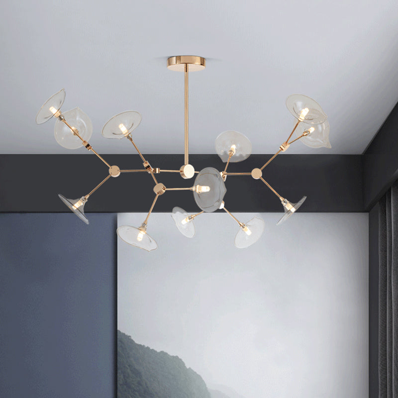 Postmodern Branched Chandelier Cognac Glass 12 Heads Living Room Pendant Light in Gold with Flared Shade Clearhalo 'Ceiling Lights' 'Chandeliers' 'Modern Chandeliers' 'Modern' Lighting' 1456118