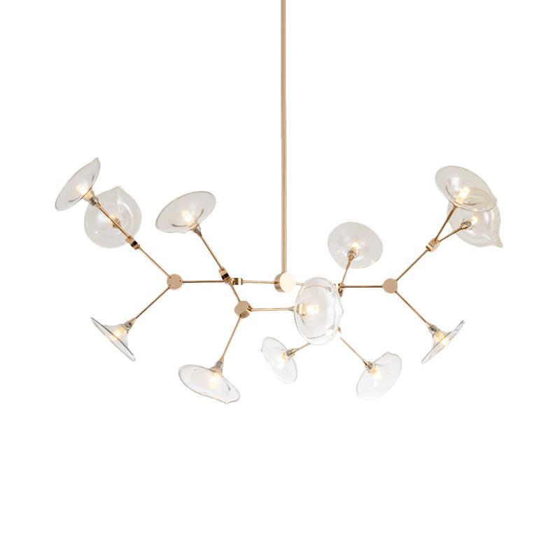 Postmodern Branched Chandelier Cognac Glass 12 Heads Living Room Pendant Light in Gold with Flared Shade Clearhalo 'Ceiling Lights' 'Chandeliers' 'Modern Chandeliers' 'Modern' Lighting' 1456119