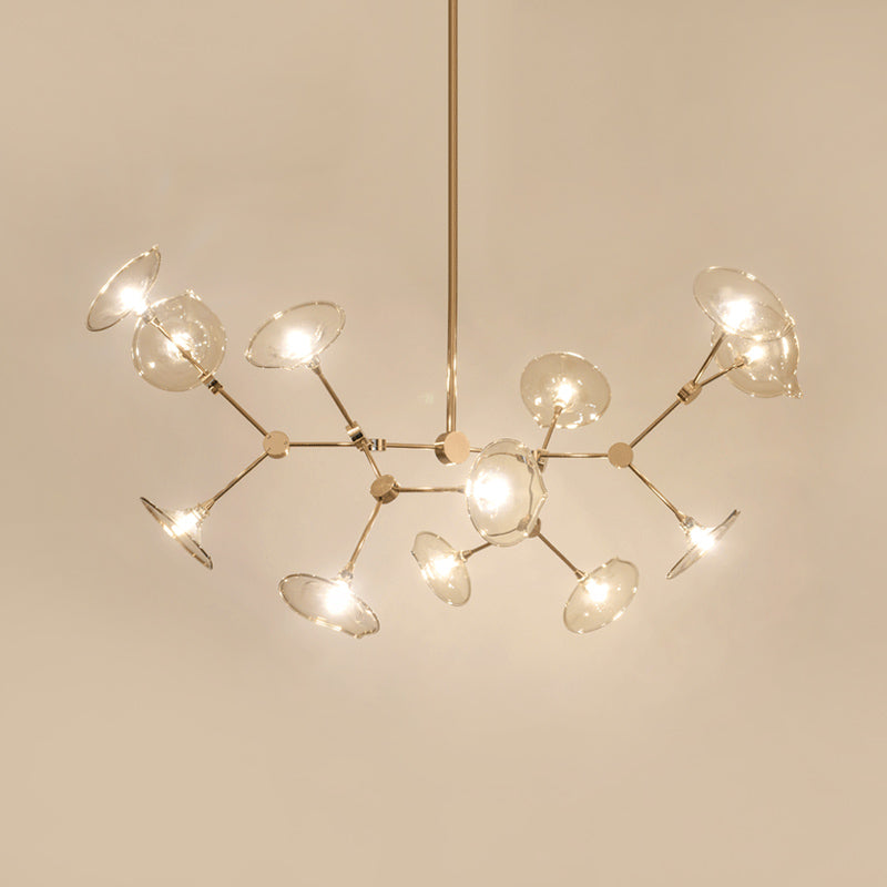 Postmodern Branched Chandelier Cognac Glass 12 Heads Living Room Pendant Light in Gold with Flared Shade Clearhalo 'Ceiling Lights' 'Chandeliers' 'Modern Chandeliers' 'Modern' Lighting' 1456120