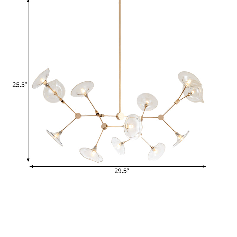 Postmodern Branched Chandelier Cognac Glass 12 Heads Living Room Pendant Light in Gold with Flared Shade Clearhalo 'Ceiling Lights' 'Chandeliers' 'Modern Chandeliers' 'Modern' Lighting' 1456121