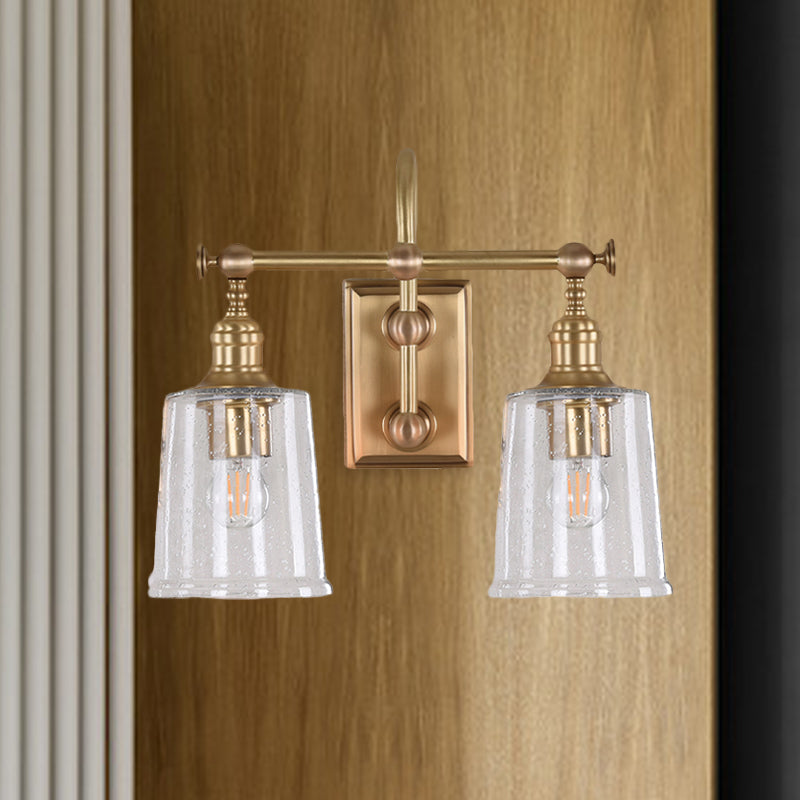 White/Clear Glass Bucket Vanity Lamp Colonial 2 Heads Bathroom Wall Sconce Lighting Fixture in Gold for Bathroom Clearhalo 'Vanity Lights' 'Wall Lights' Lighting' 1456275
