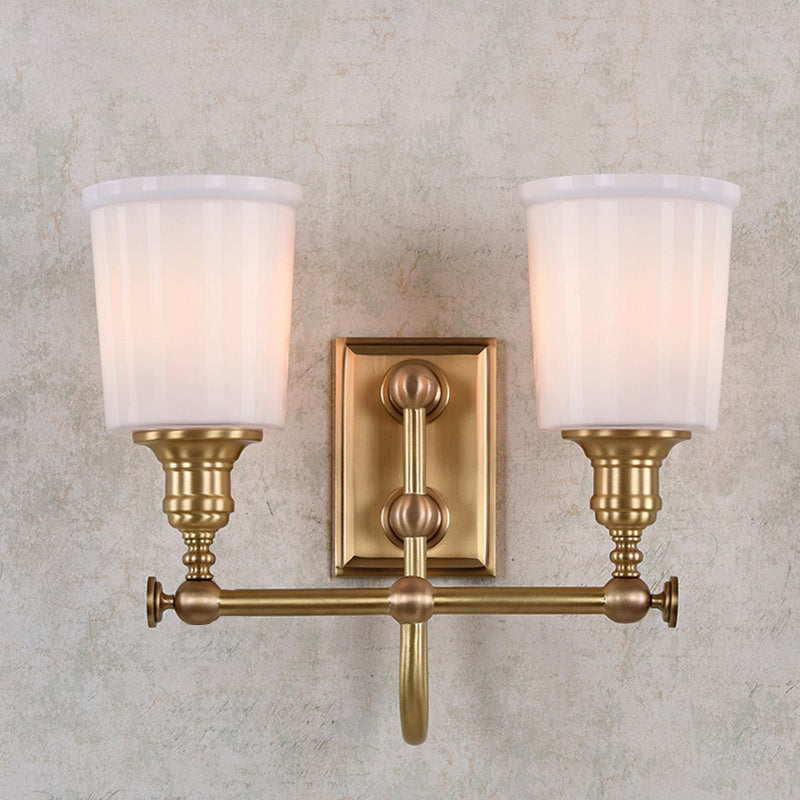 White/Clear Glass Bucket Vanity Lamp Colonial 2 Heads Bathroom Wall Sconce Lighting Fixture in Gold for Bathroom White Clearhalo 'Vanity Lights' 'Wall Lights' Lighting' 1456278
