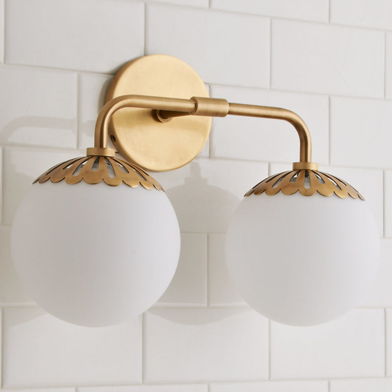 Ivory Glass Gold Vanity Sconce Sphere 2/3 Lights Colonialist Wall Mounted Light Fixture for Bedroom 2.0 Gold Clearhalo 'Vanity Lights' 'Wall Lights' Lighting' 1456282
