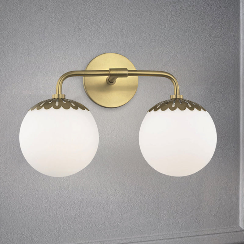 Ivory Glass Gold Vanity Sconce Sphere 2/3 Lights Colonialist Wall Mounted Light Fixture for Bedroom Clearhalo 'Vanity Lights' 'Wall Lights' Lighting' 1456283