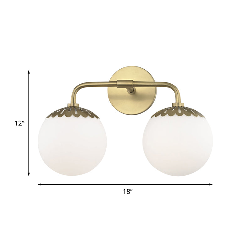 Ivory Glass Gold Vanity Sconce Sphere 2/3 Lights Colonialist Wall Mounted Light Fixture for Bedroom Clearhalo 'Vanity Lights' 'Wall Lights' Lighting' 1456286