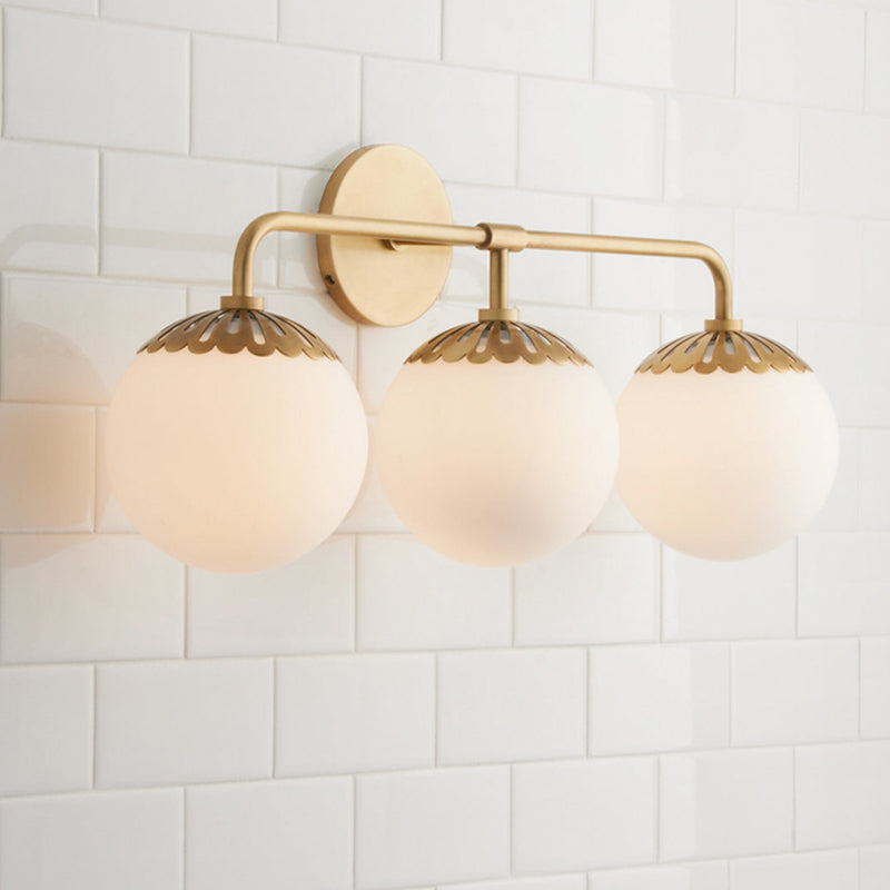 Ivory Glass Gold Vanity Sconce Sphere 2/3 Lights Colonialist Wall Mounted Light Fixture for Bedroom 3.0 Gold Clearhalo 'Vanity Lights' 'Wall Lights' Lighting' 1456287
