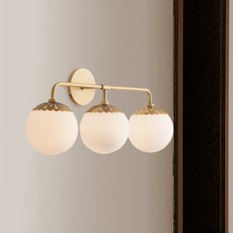 Ivory Glass Gold Vanity Sconce Sphere 2/3 Lights Colonialist Wall Mounted Light Fixture for Bedroom Clearhalo 'Vanity Lights' 'Wall Lights' Lighting' 1456288