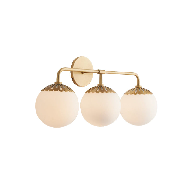 Ivory Glass Gold Vanity Sconce Sphere 2/3 Lights Colonialist Wall Mounted Light Fixture for Bedroom Clearhalo 'Vanity Lights' 'Wall Lights' Lighting' 1456290