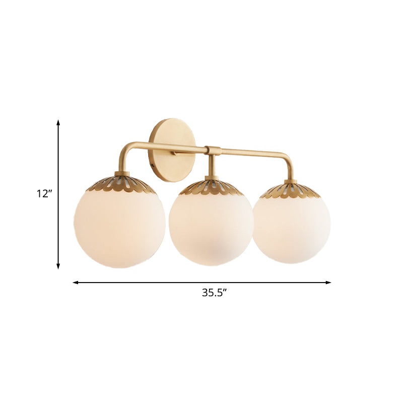 Ivory Glass Gold Vanity Sconce Sphere 2/3 Lights Colonialist Wall Mounted Light Fixture for Bedroom Clearhalo 'Vanity Lights' 'Wall Lights' Lighting' 1456291
